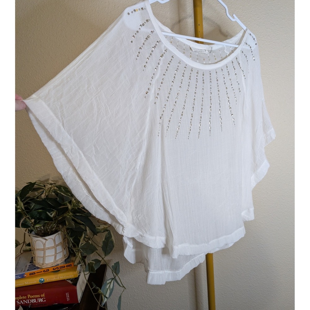 White Gauze Studded Boho Batwing Angel Sleeve Top L